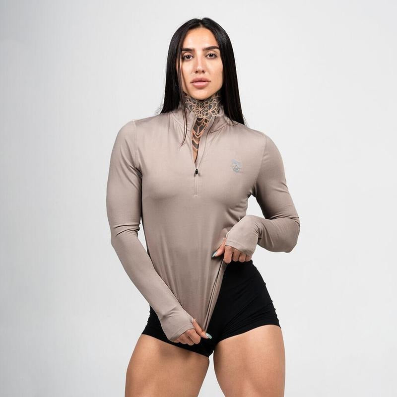 Gymreapers Women's Performance Quarter Zip Shirt - Taupe, Moisture-Wicking, Reflective Logos, Summer Hoodie, Sweatshirt