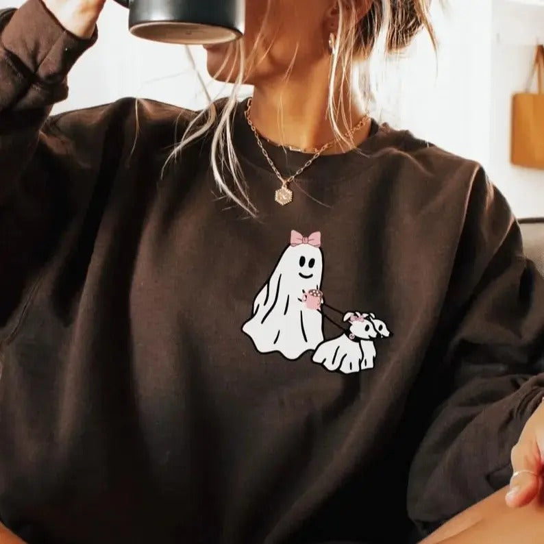 HALLOWEEN PINK GHOST Sweatshirt, Ghost Walking Dog Sweatshirt, Womens Halloween Sweater, Viral Ghost Walking Dog Shirt Hoodie