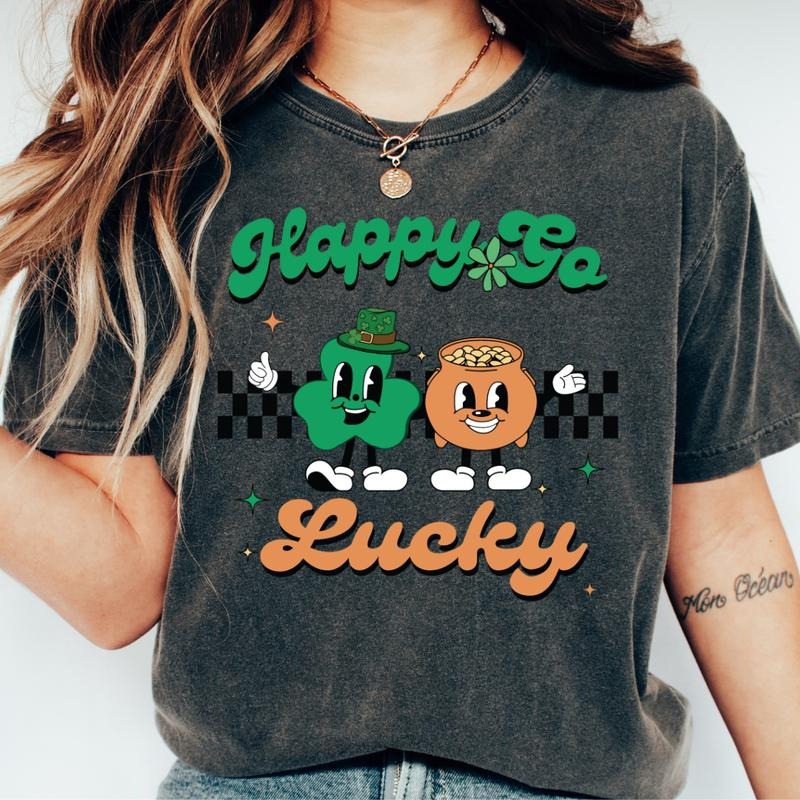 HAPPY GO LUCKY RETRO CHECKERED SHIRT (COMFORT COLORS T-SHIRT, CASUAL SHIRT UNISEX, HOLIDAY SHIRT, ST. PATTYS DAY) Top...