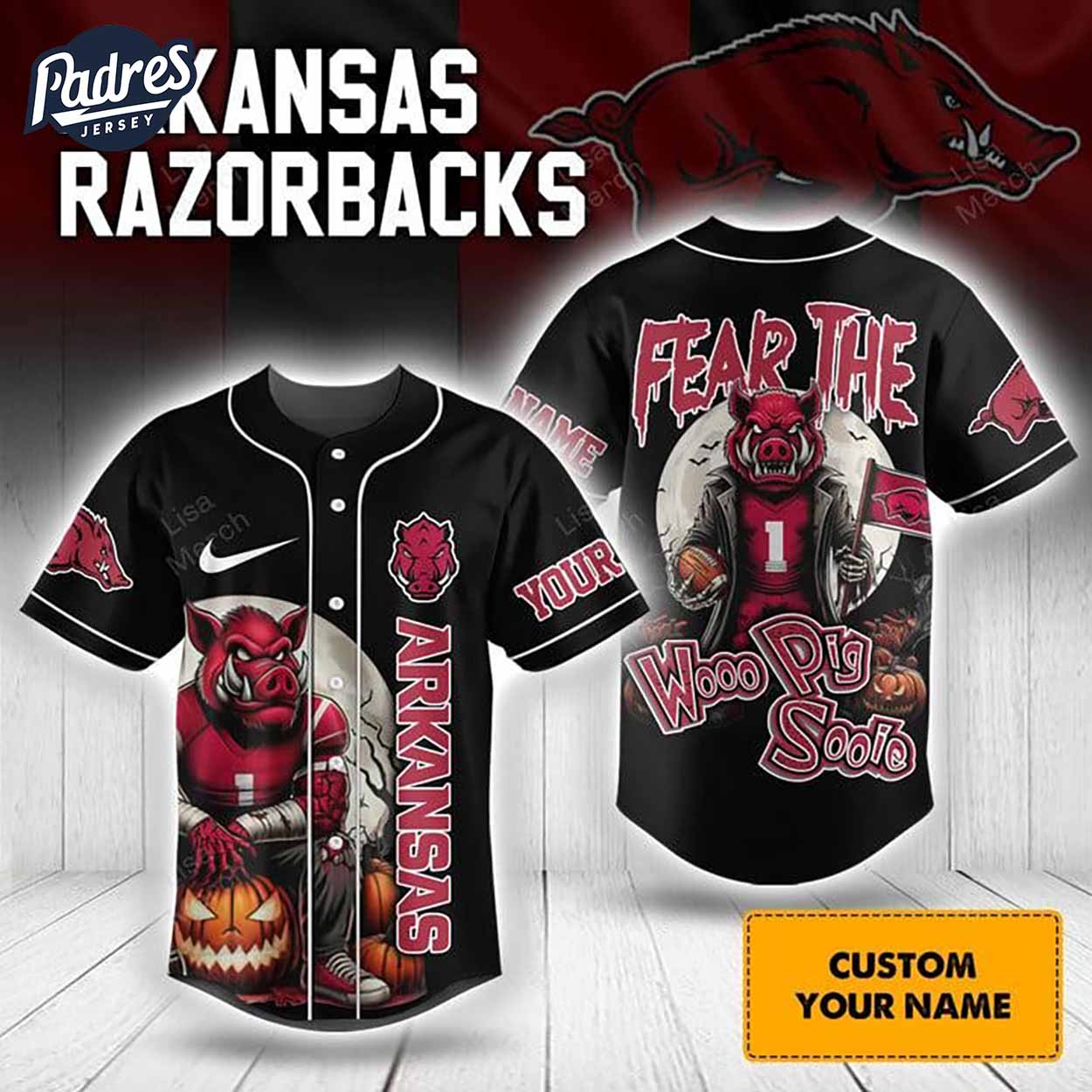 Halloween Arkansas Razorbacks Fear The Woo Pig Sooie Football Custom Baseball Jersey - Padres Jersey Oasis:... (Image 1)