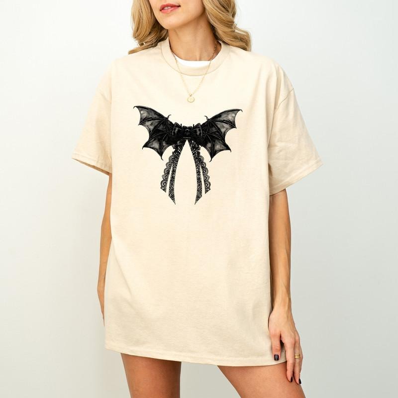 Halloween Bat Gothic Coquette Bow T-Shirt, Retro Halloween Sweatshirt, Gothic Womenswear Tee, Black Bow Crew Neck Shirt,...