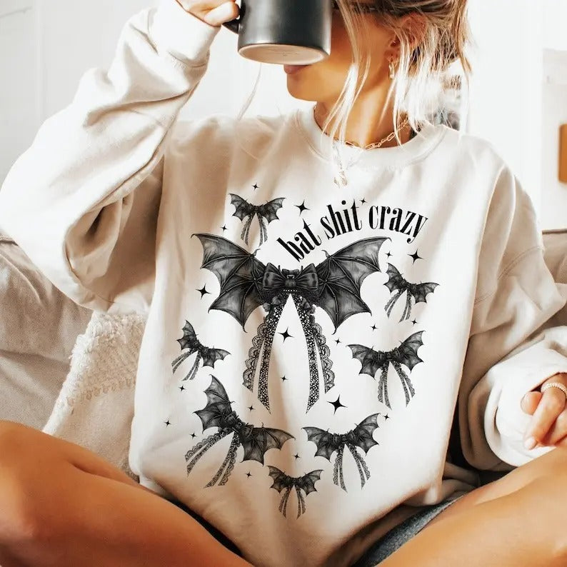 Halloween Bat shit crazy Gothic Coquette bow Shirt, Black bow Shirt, coquette halloweenShirt, Gothic girly  Trending...