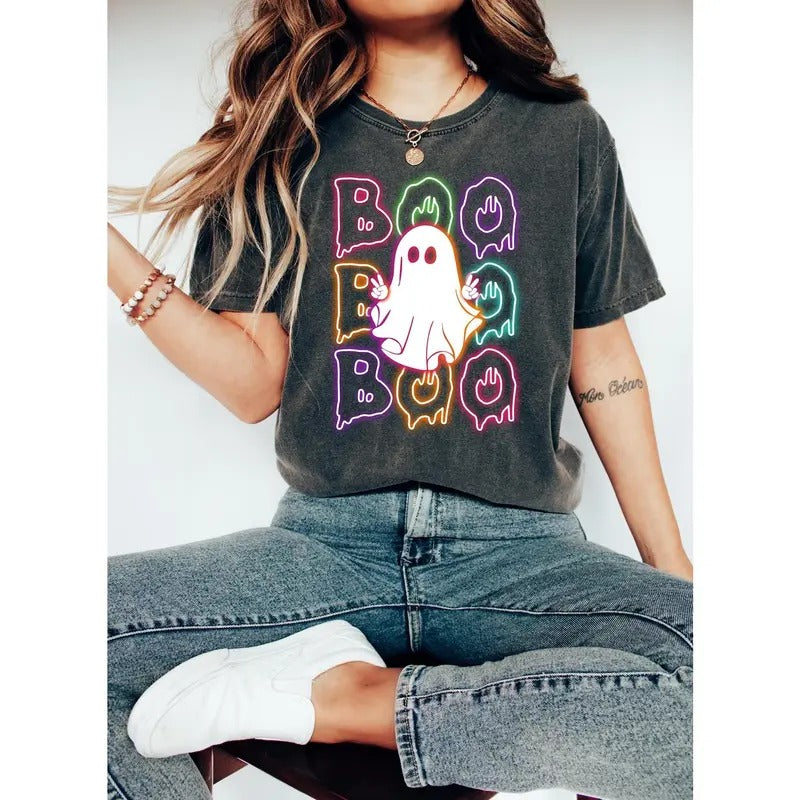 Halloween Boo Neon T-Shirt, Neon Halloween Ghost Shirt, Halloween Ghost Neon Shirt, Halloween Party Shirt Cotton...