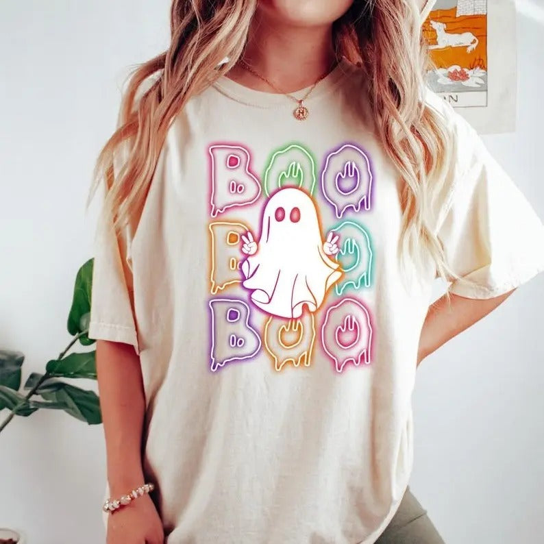 Halloween Boo Neon T-Shirt, Neon Halloween Ghost Shirt, Halloween Ghost Neon Shirt, Halloween Party Shirt, Boo T-Shirt,...