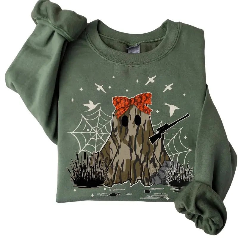 Halloween Camo Ghost Coquette Huntin Sweatshirt,  Bow Coquette Sweatshirt, Old School Camo Sweatshirt, Halloween Spooky...