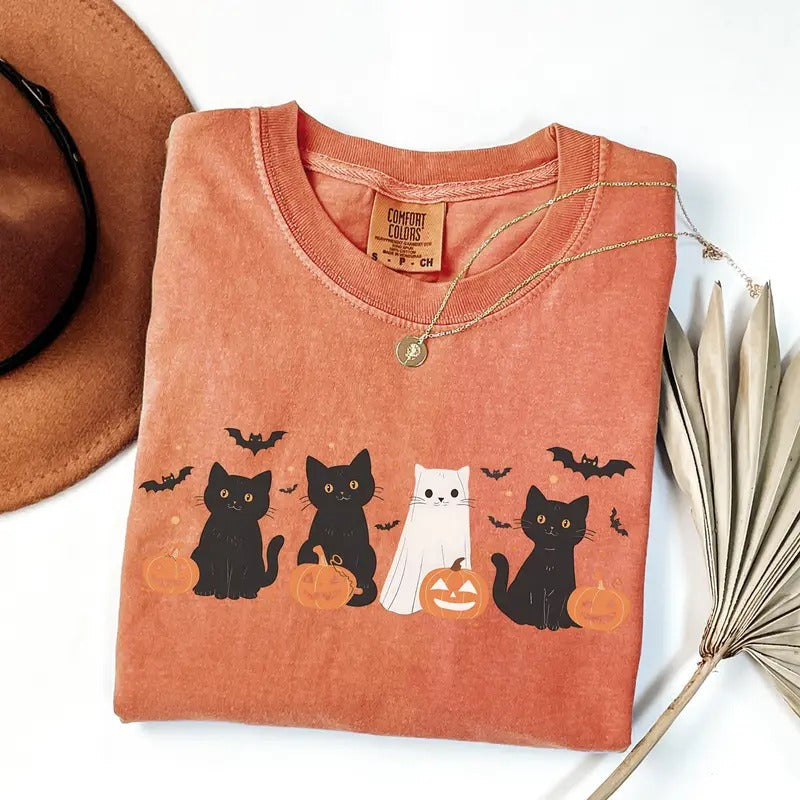 Halloween Cat Shirt, Ghost Shirt, Ghost Cat Shirt, Happy Halloween,Retro Spooky Season, Black Cat Shirt Hoodie, Sweatshirt