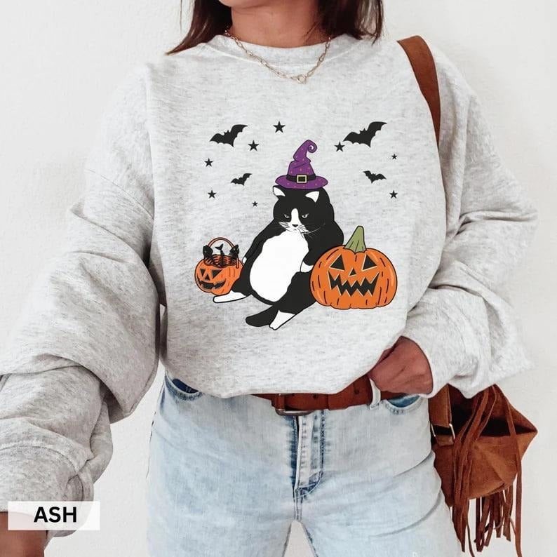 Halloween Cat Sweater, Tuxedo Cat Halloween Crewneck, Cat Sweatshirt, Spooky Cat Sweater, Pumpkin Sweatshirt, Funny...