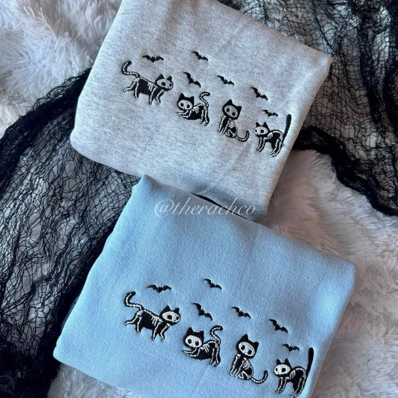 Halloween Cat Sweatshirt, Embroidered Halloween Sweatshirt, Cat Halloween Crewneck T-Shirts, Hoodie | WearSparks.com