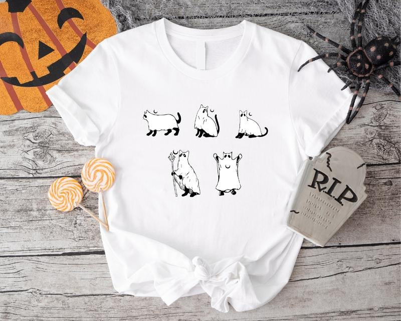 Halloween Cat T-Shirt, Funny Ghost Halloween Shirt, Cat Lover Gift Tee, Spooky Season Tee Hoodie, Sweatshirt | WearSparks.com