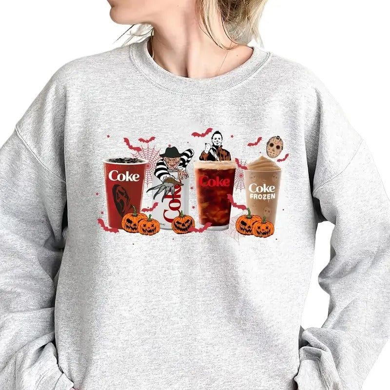 Halloween Coke Crewneck Sweatshirt Hoodie, Funny Coke Horror Characters Halloween Shirt, Retro Halloween T-Shirt,...