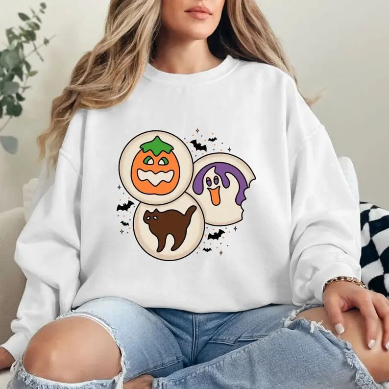 Halloween Cookie Sweatshirt, Halloween Sweater, Fall Sweatshirt, Ghost Cat Pumpkin Sweats, Retro Halloween Sweater,...