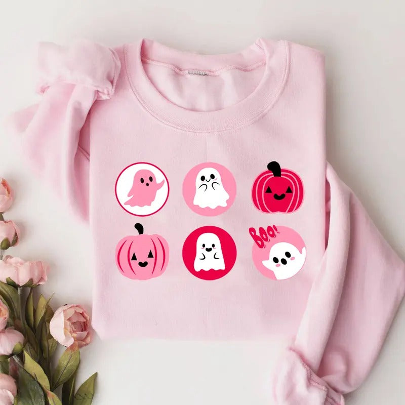 Halloween Cookies Boo Sweatshirt, Cute Halloween Cookies Sweater, Pink Spooky Season Sweatshirt, Pink Ghost And Pumpkin...