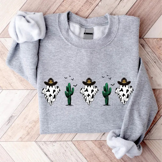 Halloween Cow Sweatshirt, Funny Ghost Halloween Hoodie, Unisex Western Halloween Gift Sweatshirt, Matching Cowboy...