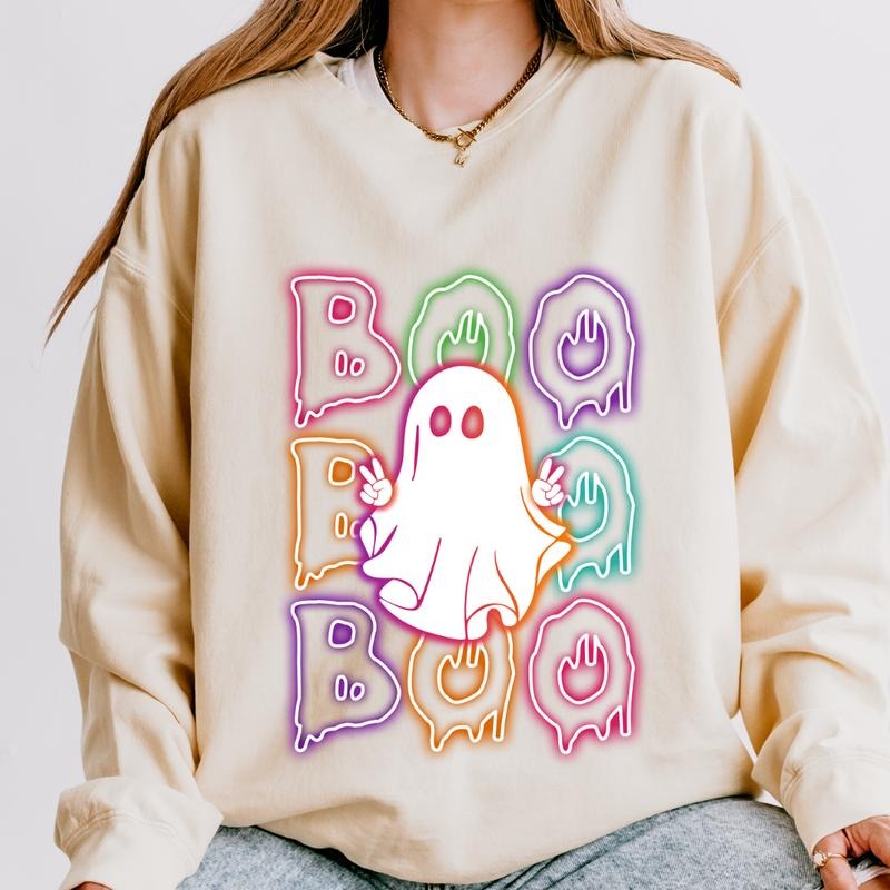 Halloween Crewneck, Neon Boo Ghost Sweatshirt, Spooky Season Graphic Oversized Halloween Graphic Crewneck, Cotton...