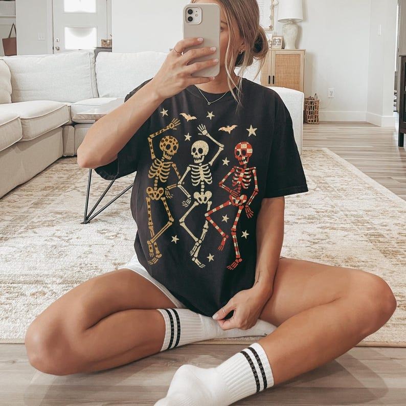 Halloween Dancing Skeletons Tshirt, Retro Skeleton Spooky Season Tee, Leopard Checker Cherry Shirt, Trendy Graphic Tee...