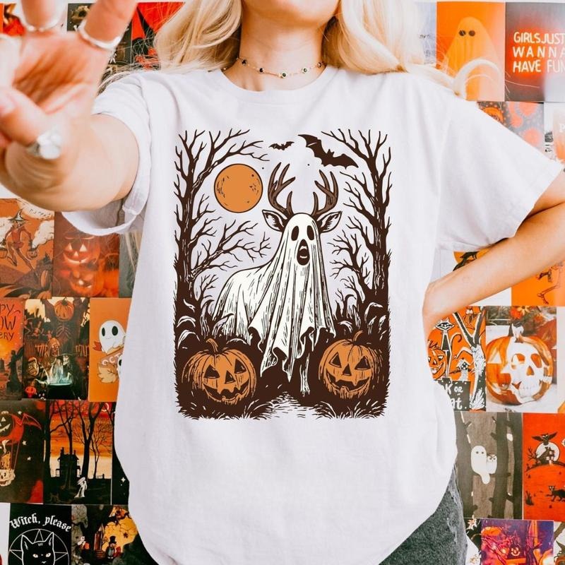 Halloween Forest Deer Hunting Spooky Unisex Shirt, Ghost Buck with Pumpkins & Bats Unisex Tee, Hunting Halloween Gifts...