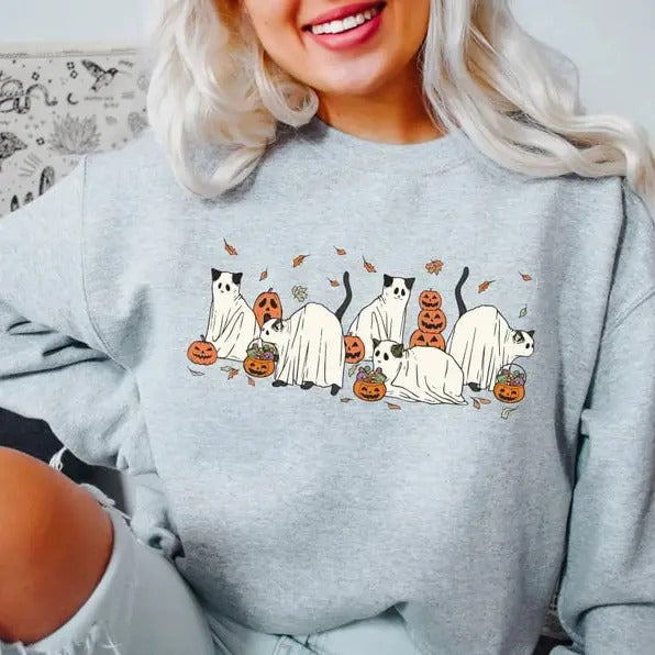 Halloween Ghost Cat Sweatshirt, Cat Halloween Sweatshirt, Cute Cats Halloween Shirt, Ghost Black Cat Shirt, Spooky Season...