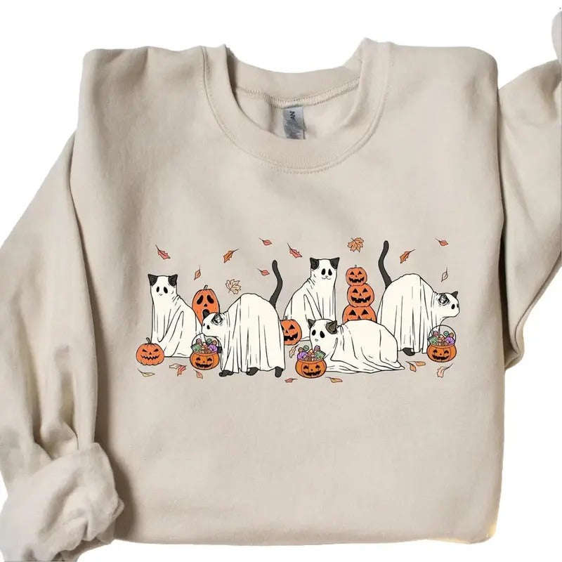 Halloween Ghost Cats Crewneck Sweatshirt, Hoodie, T-shirt | WearSparks.com