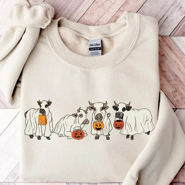Halloween Ghost Cow Sweatshirt, Western Halloween Cow Sweatshirt, Halloween Cowboy Shirt, Halloween Ghost, Halloween Cow,...