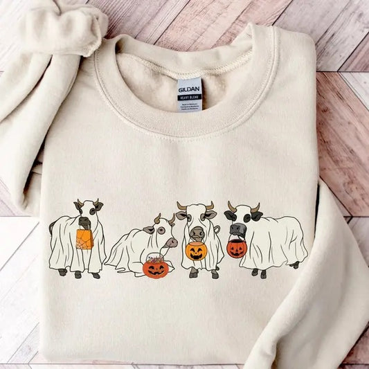 Halloween Ghost Cow Sweatshirt, Western Halloween Cow Sweatshirt, Halloween Cowboy Shirt, Halloween Ghost, Halloween Cow,...