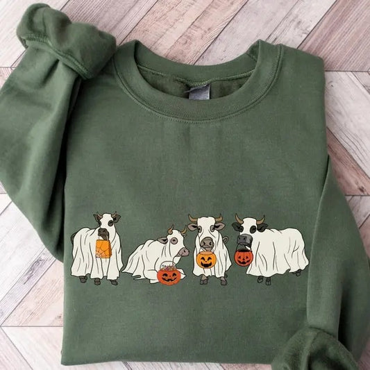 Halloween Ghost Cow Sweatshirt, Western Halloween Cow Sweatshirt, Halloween Cowboy Shirt, Halloween Ghost, Halloween Cow,...