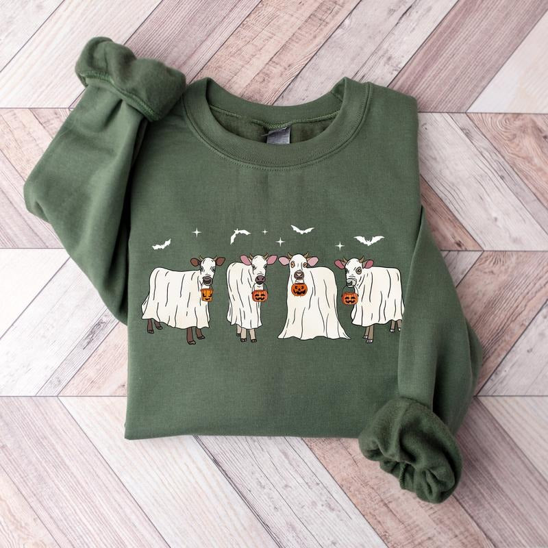 Halloween Ghost Cows Sweatshirt, Halloween Sweatshirt, Cow Lovers Halloween Gift, Cow Shirt, Halloween Funny Sweater Hoodie