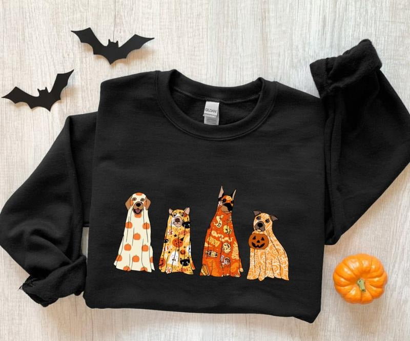 Halloween Ghost Dogs Sweater, Halloween Pumpkin Dog Tee Shirt, Ghost Dog Pumpkin Sweatshirt, Spooky Season Shirt, Gift...