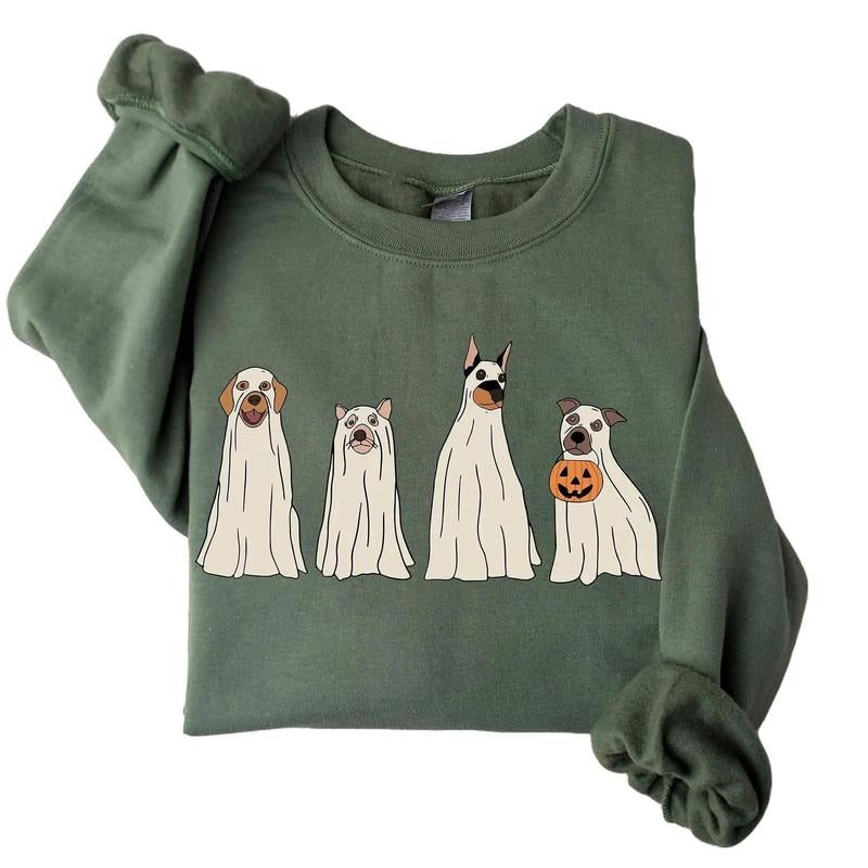 Halloween Ghost Dogs Sweatshirt, Cute Dog Halloween Sweater, Halloween Dog Lovers Shirt, 2024 Happy Halloween, Retro...