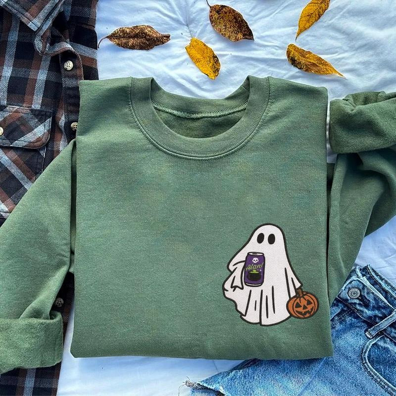 Halloween Ghost Energy Drink Embroidered Sweatshirt, Spooky Ghost Halloween Shirt, Ghost With Energy Drink Fall Sweater...