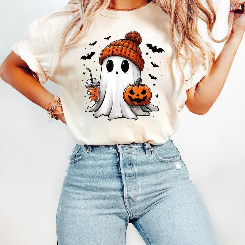 Halloween Ghost Shirt, Cute Ghost Drinking Coffee Shirt, Halloween Ghost Ice Coffee Shirt, Fall Halloween Shirt, Cute...