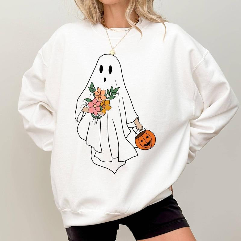Halloween Ghost Sweatshirt, Floral Ghost Crewneck, Ghost with Flower Bouquet Sweatshirt For Girls, Halloween Ghost...