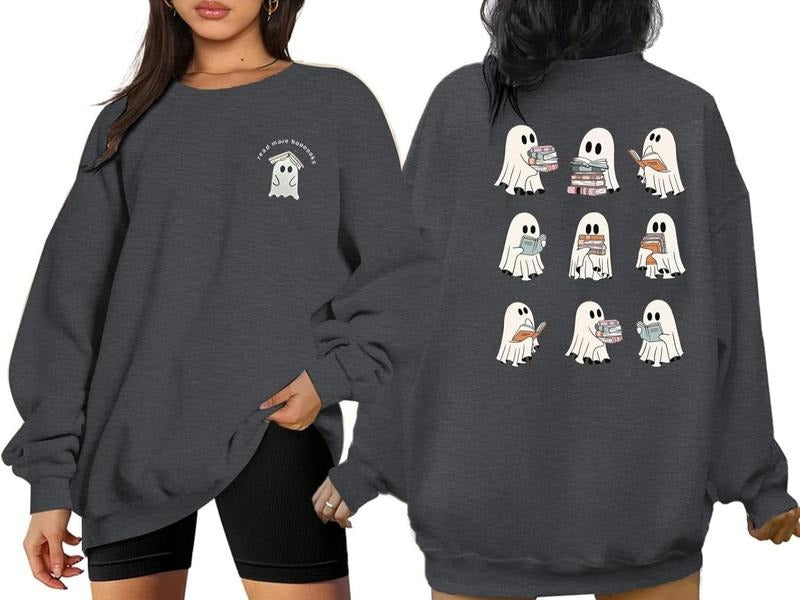 Halloween Ghost Sweatshirts Women Ghost Reading Books Oversized Fall Holiday Crew Neck Funny Teacher Pullover T-Shirts,...