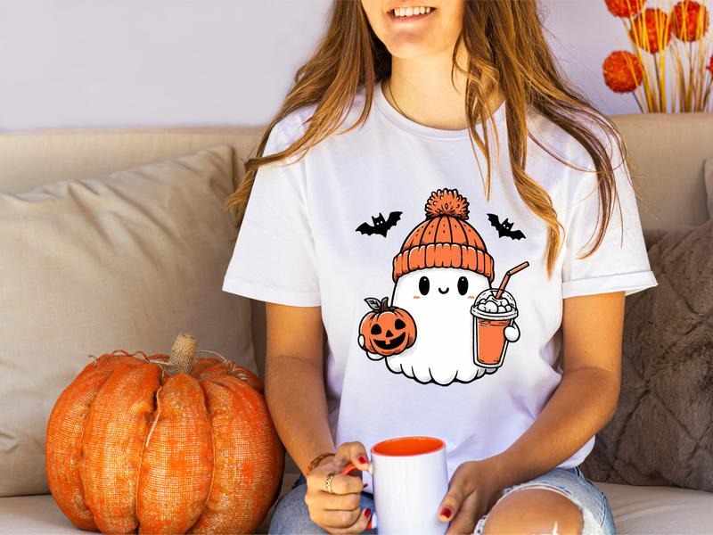 Halloween Ghost T-shirt, Cute Ghost Drinking Coffee Tee, Little Ghost Ice Coffee T-shirt, Coffee Lovers Halloween Gift...