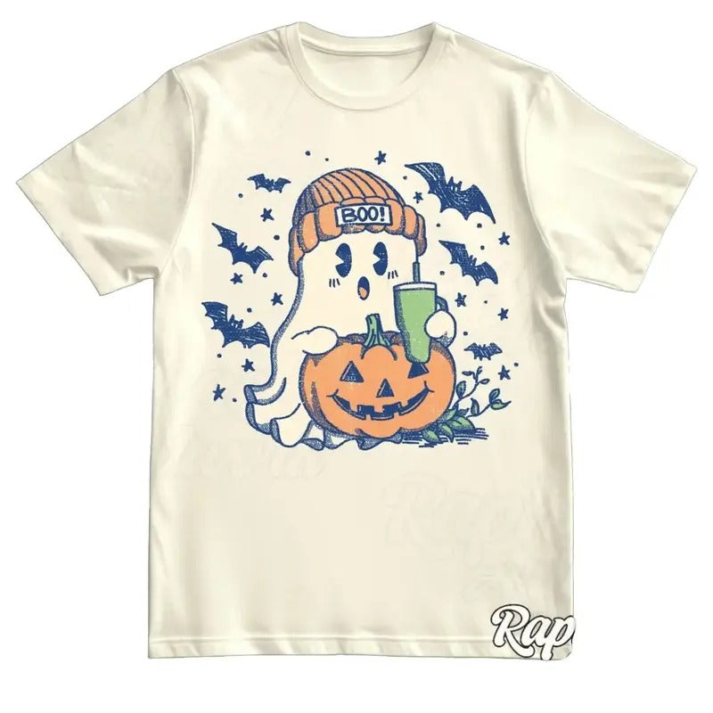 Halloween Ghost Vintage Shirt, Retro 90s Fall Tshirt, Cute Spooky Season Graphic Tee, Thanksgiving Outfit Cotton Menswear...