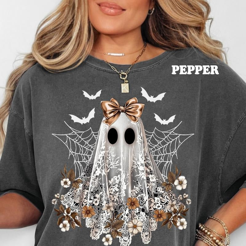 Halloween Lace Ghost Shirt Unisex Apparel Relaxed Fit Printed in the USA Casual Comfort Cotton Top Athletic Boho Chic...