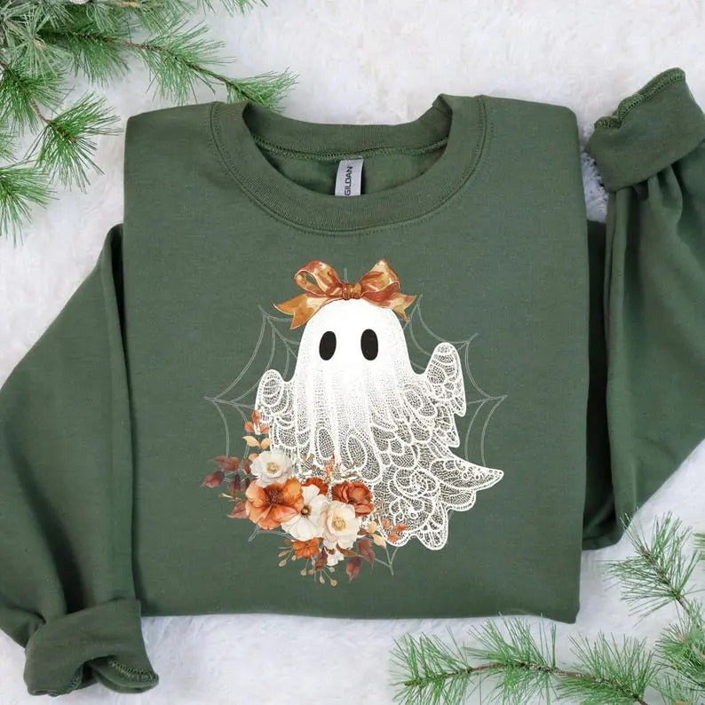 Halloween Lace Ghost Sweatshirt - Cute Floral Ghost Sweater, Spooky Fall Floral Shirt, Stylish Coquette Bow Girl...