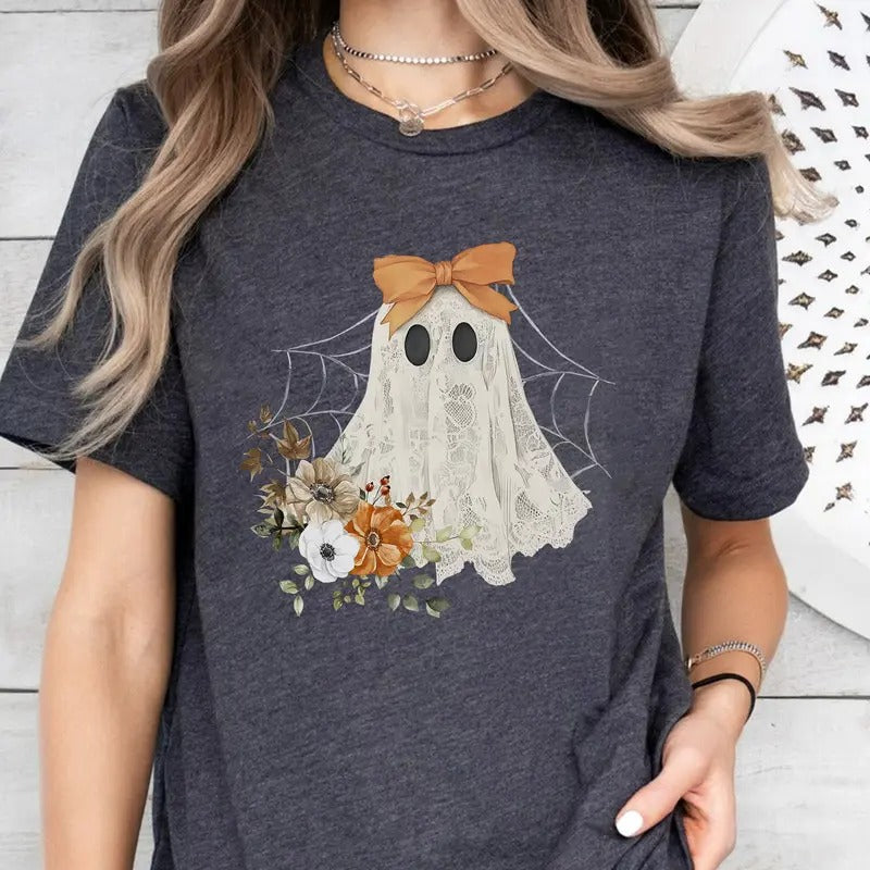 Halloween Lace Ghost T-Shirt, Spooky Coquette T-Shirt, Girly Ghost Lacey Ghost T-Shirt, Spooky Season T-Shirt, Ghost...