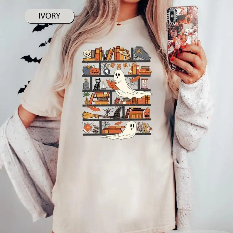Halloween Library Shirt, Ghost Reading Books Shirts, Teacher Librarian Halloween Gift, Spooky Season Trendy Shirt,...