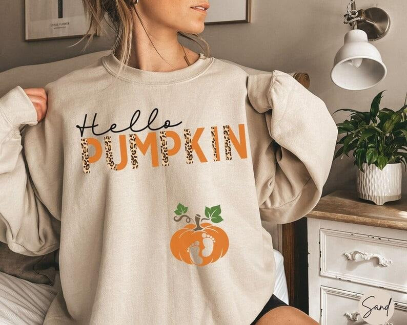 Halloween Maternity Sweatshirt, Hello Pumpkin Sweater, Fall Pregnancy Announcement Shirt 2024, Cute Gift for New Mom,...