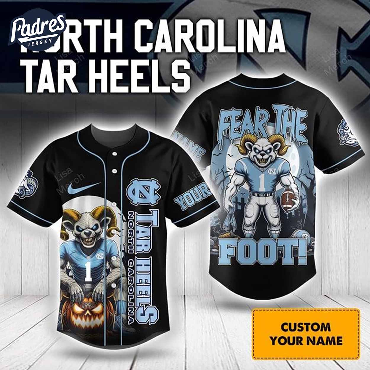 Halloween North Carolina Tar Heels Fear The Foot Football Custom Baseball Jersey - Padres Jersey Oasis: Elevate... (Image 1)