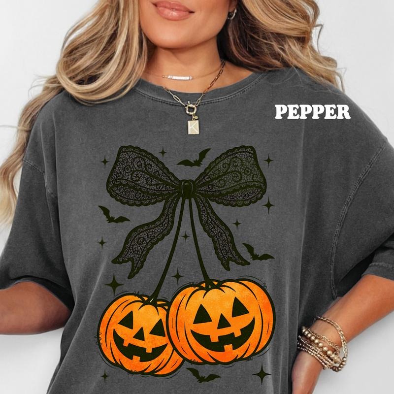 Halloween Pumpkin Cherries Bow Shirt ~ Unisex Apparel Relaxed Fit Printed In The USA Clothing Womenswear Casual Comfort...