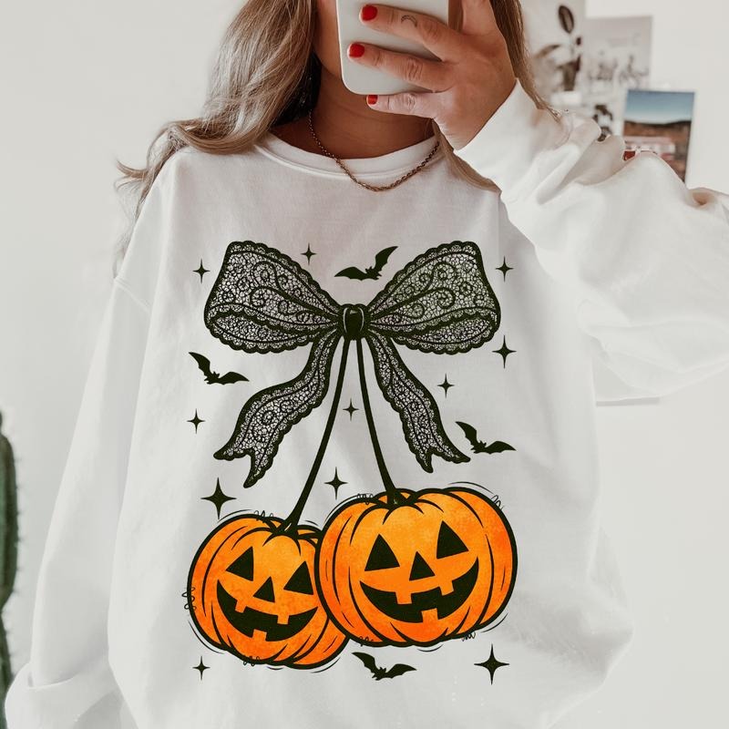 Halloween Pumpkin Cherries Bow Sweatshirt ~ Unisex Apparel Relaxed Fit Printed In The USA Clothing Womenswear Casual...