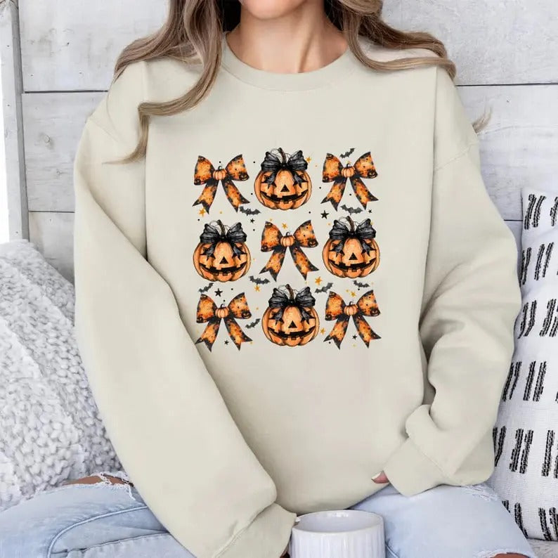 Halloween Pumpkin Coquette Bow Sweatshirt, Pumpkin Spooky Season Halloween Shirt, Spooky Season, Halloween Bows Shirts,...