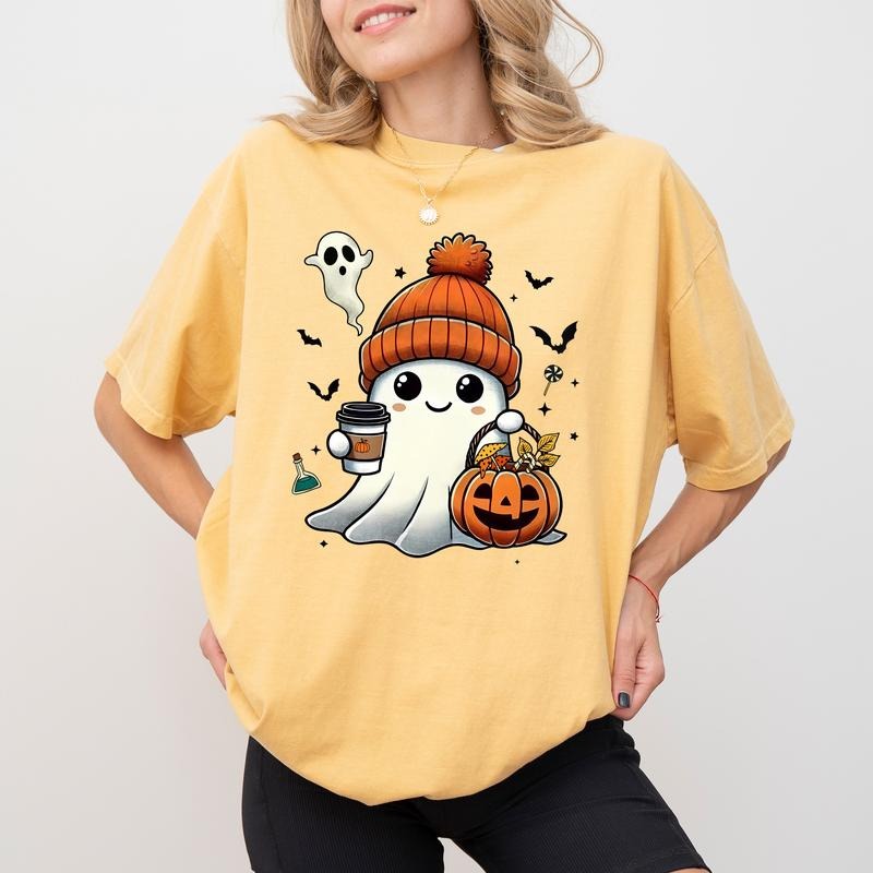 Halloween Pumpkin Ghost Coffee Shirt, Coffee Ghost Tshirt for Women, Little Ghost Tee, Cute Boo Shirt for Girl, Funny...