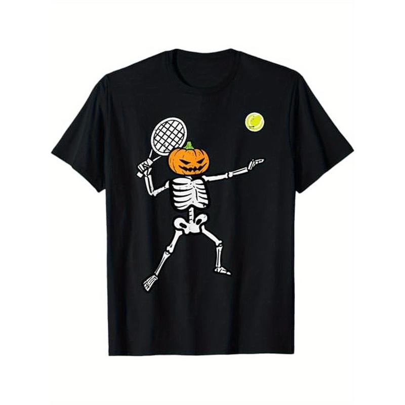 Halloween Pumpkin Skeleton Tennis Costume Men Women Boys T-Shirt, 100% Cotton, Halloween Thanksgiving Christmas Gift for...