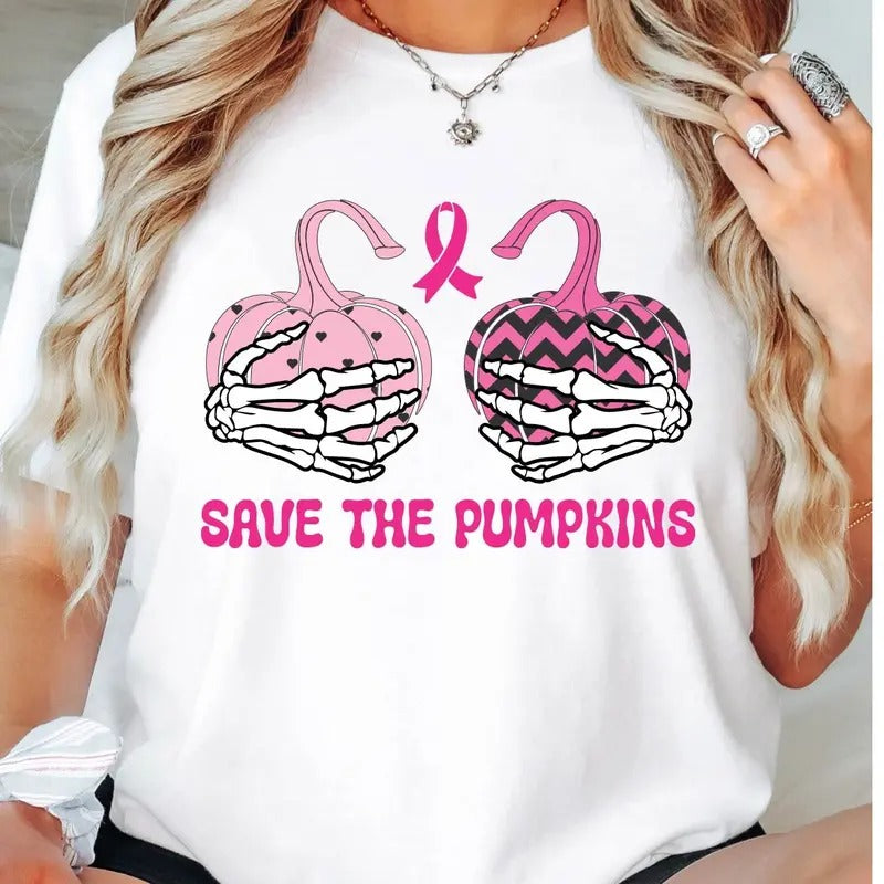 Halloween Pumpkin T-Shirt, Funny Halloween Breast Cancer Awareness Shirt, Pink Pumpkin Skeleton Hands Tee, Pink Ribbon...