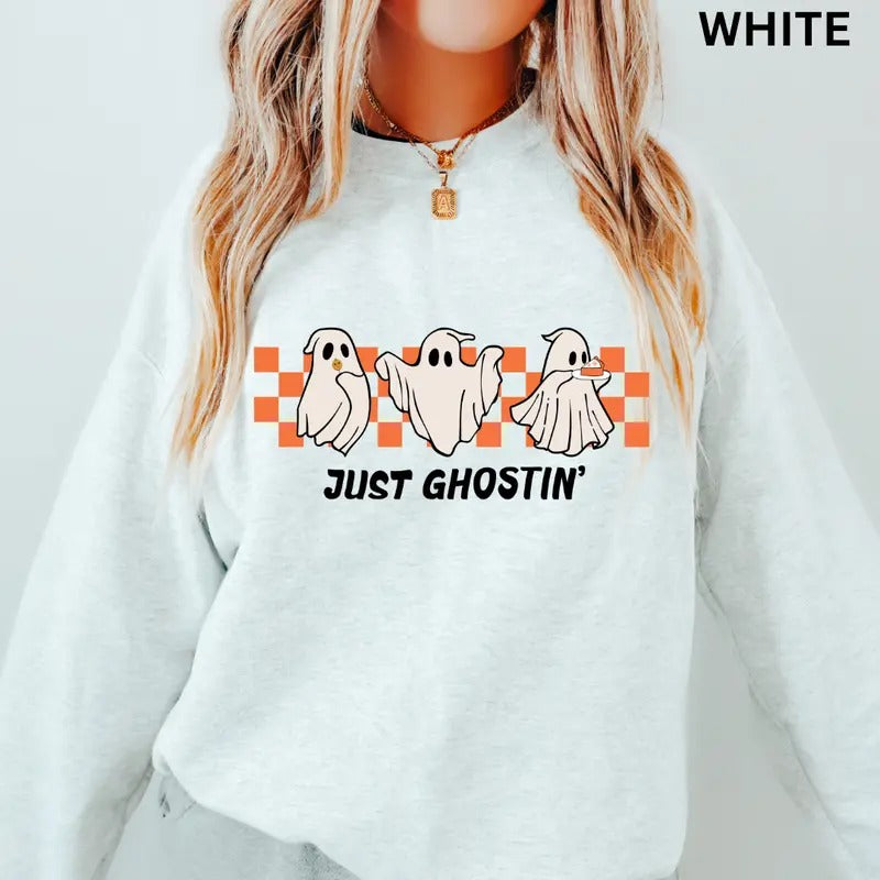 Halloween Season Crewneck, Just Ghostin Sweatshirt, Oversized Halloween Graphic Crewneck, Cotton Pullover Spooky Season...