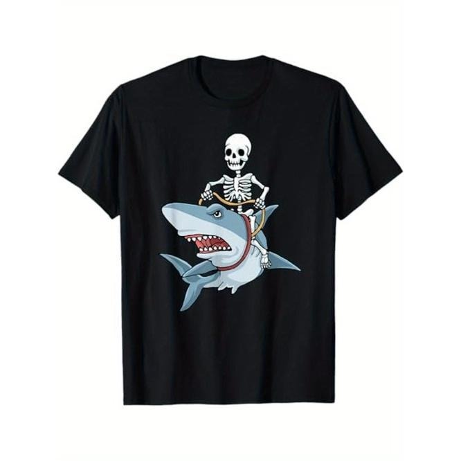 Halloween Shark Skeleton Riding a Shark T-Shirt, Halloween Thanksgiving Christmas Gift for Men Family Friends Made in USA...