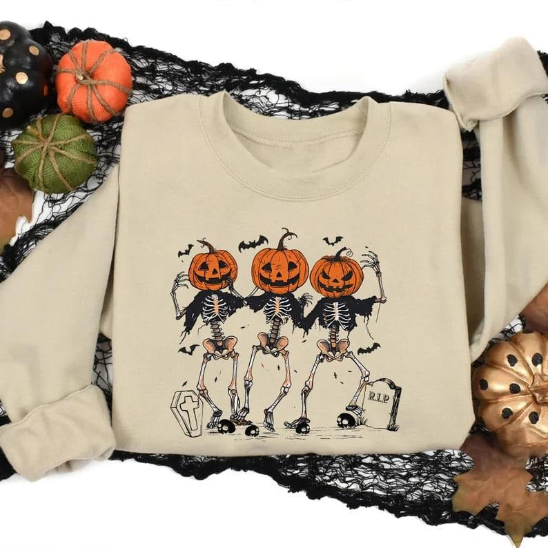 Halloween Skeleton Pumpkin Sweatshirt, Dancing Skeleton Pumpkin Face Shirt, Halloween Party Dancing Skeleton Shirt, Funny...