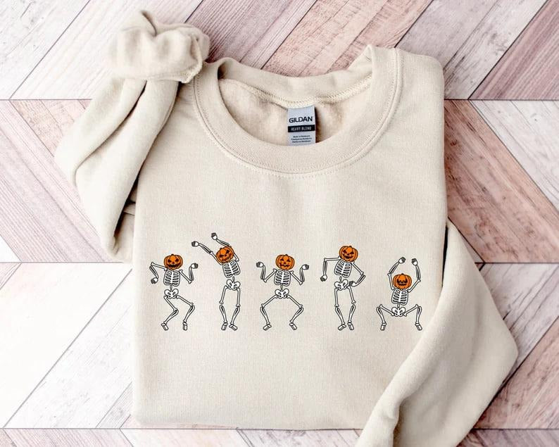 Halloween Skeleton Sweatshirt, Dancing Skeleton Sweatshirt, Pumpkin Skeleton Graphic Sweater, Halloween Gifts, Fall...
